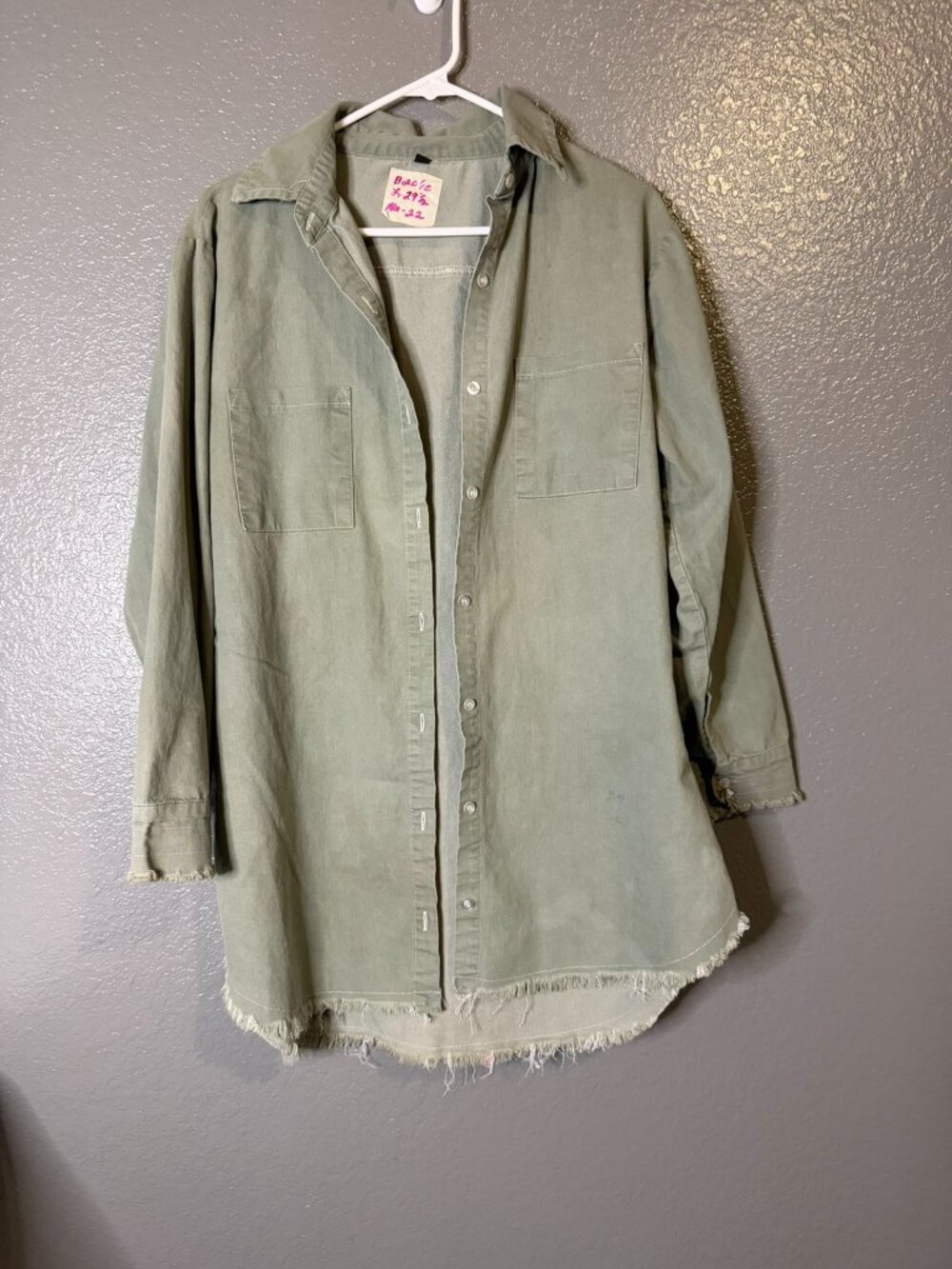 Womens Sage Green Oversized Denim Shirt Jacket Shacket Frayed Hem Button Down